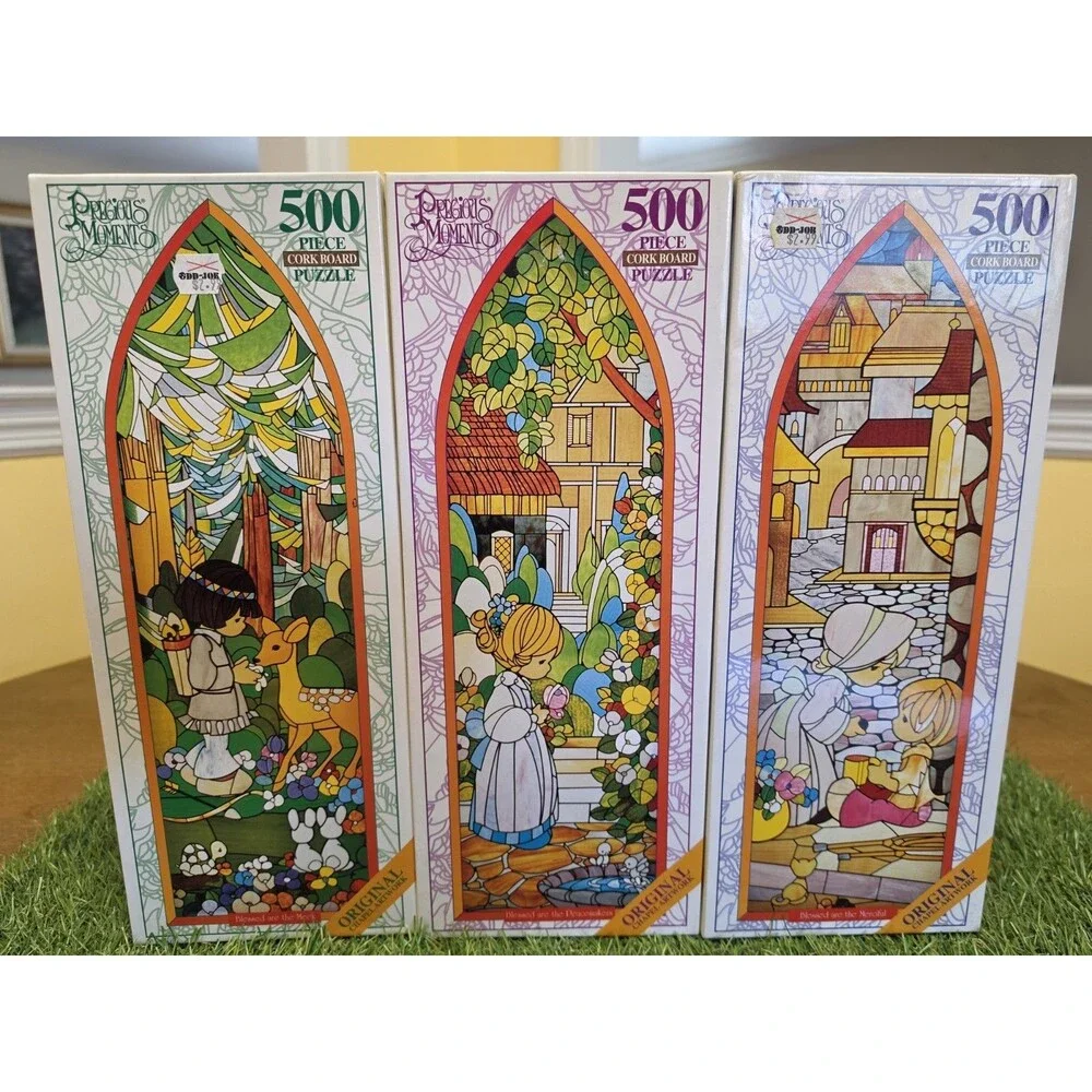 Lot Of 3 Vtg Precious Moments 500 Peace Puzzles Stained Glass New Sealed Chapel